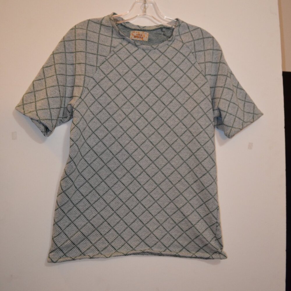THE BOSS Made with Love Green Square Lines Pattern Short Sleeves Blouse ~S /18.5